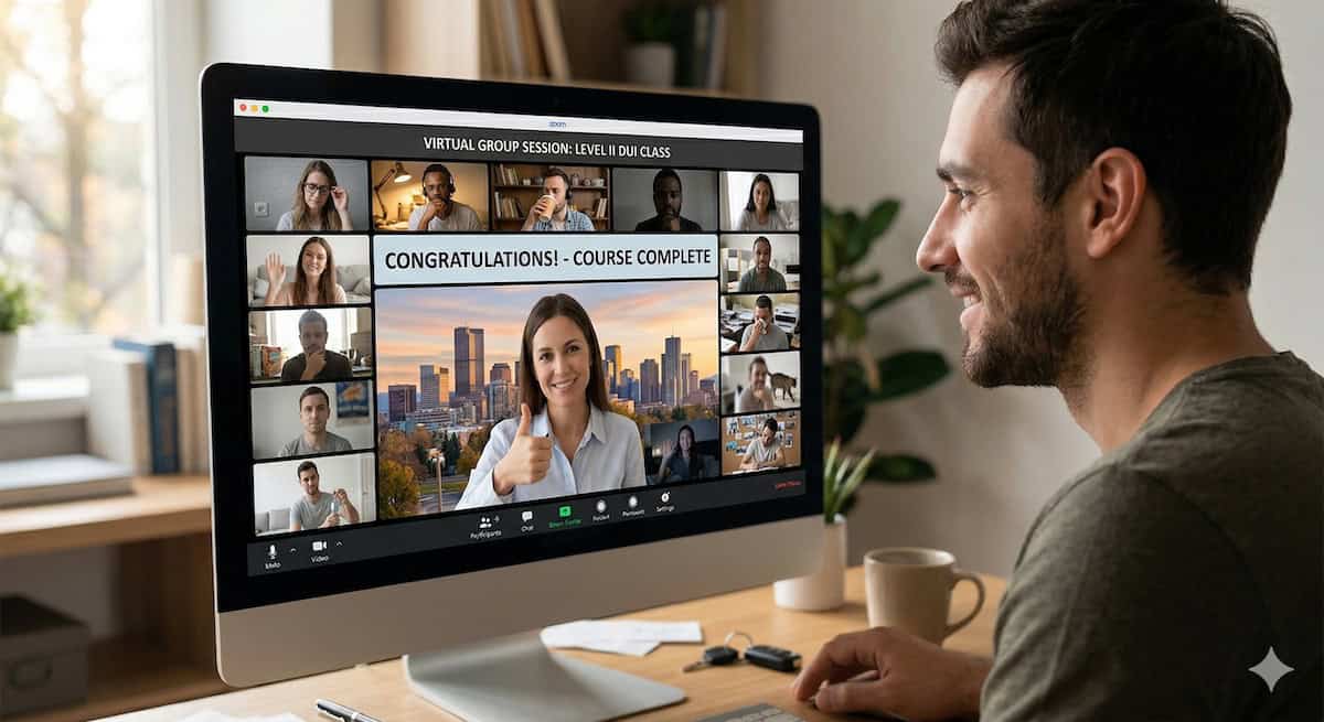 Virtual therapy telehealth online zoom education session with a licensed counselor at the Original Broadway Counseling Services of Denver. Court ordered course complete